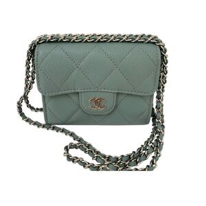 NEW Chanel Classic Flap Quilted Caviar Mini Card Holder on Chain Green